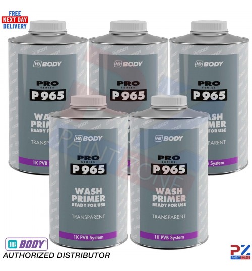 5x HB Body P965 1K Wash Primer 1L - Transparent Etch for Aluminium, Galv,